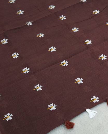 Women's Pure Linen Cotton Floral Embroidered Saree with Unstitched Blouse Piece.