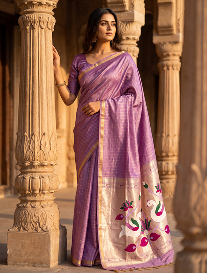 Women's Paithani Silk Saree with Unstitched Blouse Piece.