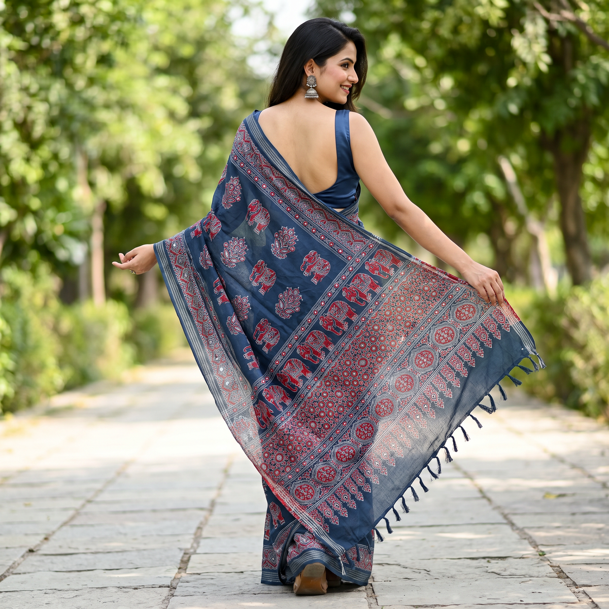 Shri Hari Sarees Women's Ethnic Ajrakh Mirror Printed Art Silk Saree with Unstitched Blouse Piece.