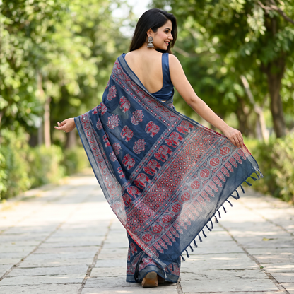 Shri Hari Sarees Women's Ethnic Ajrakh Mirror Printed Art Silk Saree with Unstitched Blouse Piece.
