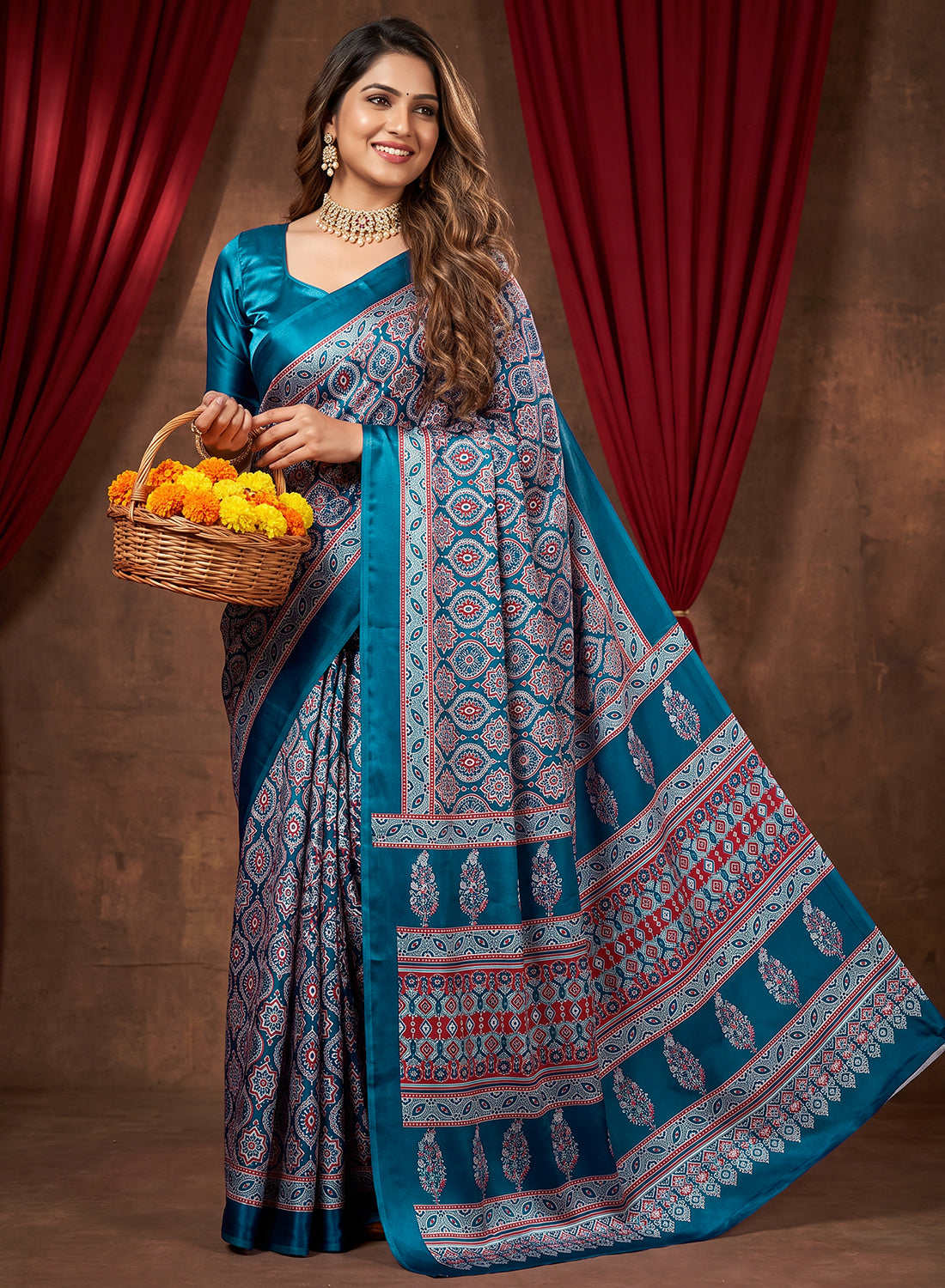 Women's Traditional Floral Block Printed Art Silk Saree with Unstitched Blouse Piece.