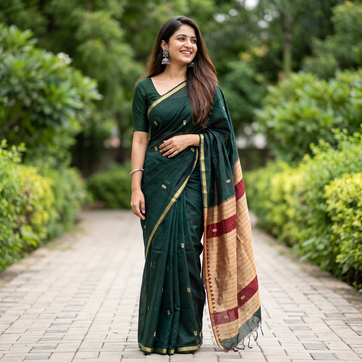 Women's Traditional Chanderi Cotton Linen Blend Saree with Zari Woven Border & Unstitched Blouse Piece.