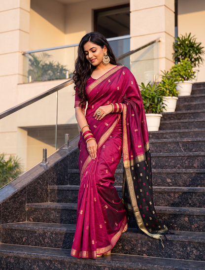 Women's Maheshwari Cotton Blend Woven Zari Saree with Unstitched Blouse Piece.