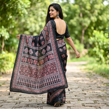 Shri Hari Sarees Women's Ethnic Ajrakh Mirror Printed Art Silk Saree with Unstitched Blouse Piece.