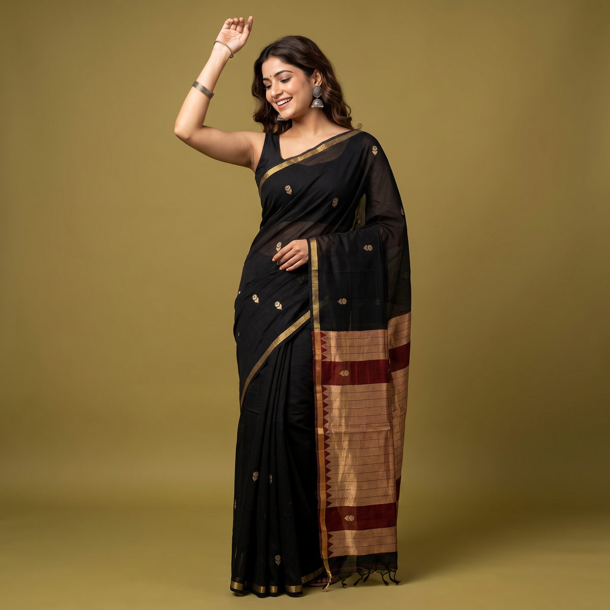Women's Traditional Chanderi Cotton Linen Blend Saree with Zari Woven Border & Unstitched Blouse Piece.