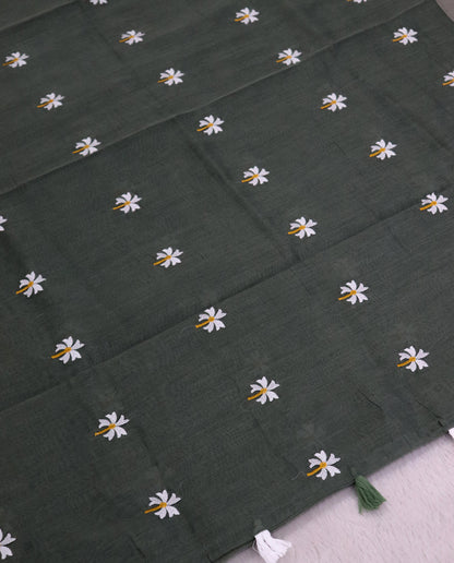 Women's Pure Linen Cotton Floral Embroidered Saree with Unstitched Blouse Piece.