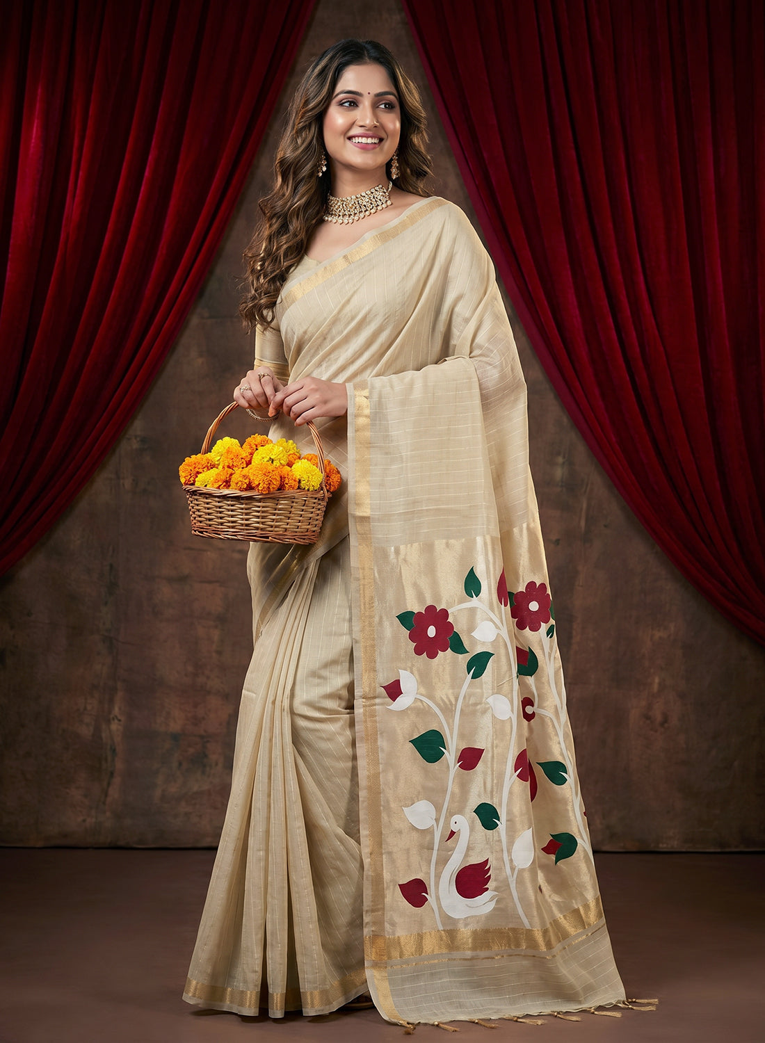 Women's Traditional Floral Paithani Cotton Silk Saree with Unstitched Blouse Piece.