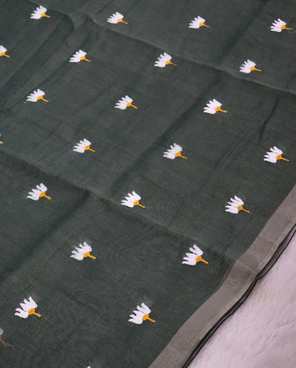 Women's Pure Linen Cotton Floral Embroidered Saree with Unstitched Blouse Piece.