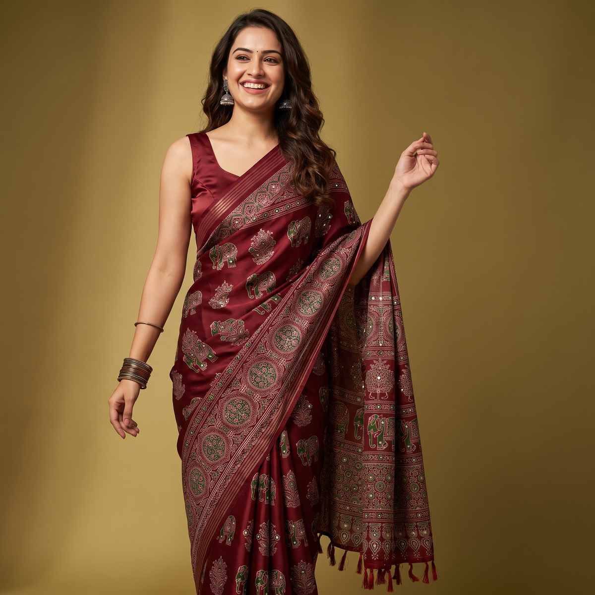 Shri Hari Sarees Women's Ethnic Ajrakh Mirror Printed Art Silk Saree with Unstitched Blouse Piece.