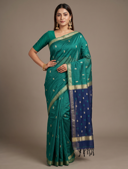 Women's Maheshwari Cotton Blend Woven Zari Saree with Unstitched Blouse Piece.