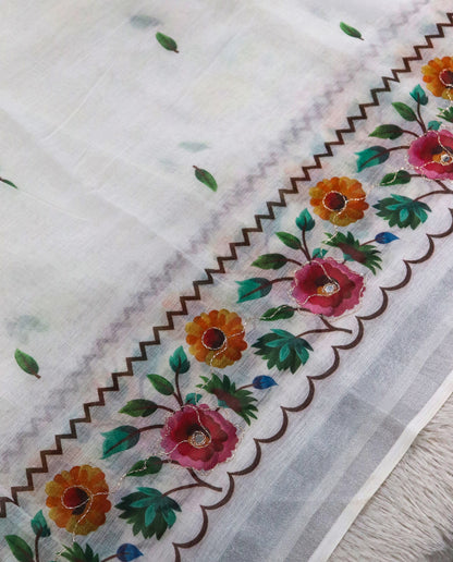 Women's Cotton Linen Blend Floral Printed Saree with Silver Zari Border & Unstitched Blouse Piece.
