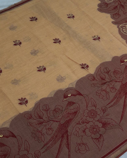 Women's Pure Linen Cotton Floral Embroidered Saree with Unstitched Blouse Piece.