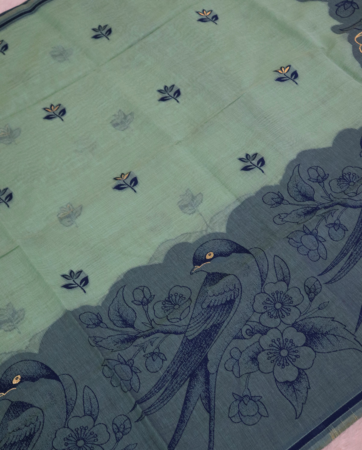 Women's Pure Linen Cotton Floral Embroidered Saree with Unstitched Blouse Piece.