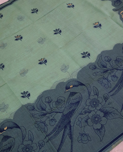 Women's Pure Linen Cotton Floral Embroidered Saree with Unstitched Blouse Piece.