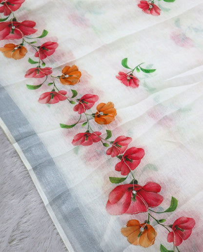 Women's Cotton Linen Blend Floral Printed Saree with Silver Zari Border & Unstitched Blouse Piece.