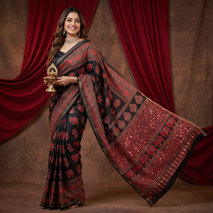 Shri Hari Sarees Women's Ethnic Ajrakh Mirror Printed Art Silk Saree with Unstitched Blouse Piece.