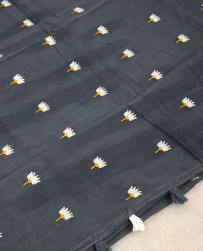 Women's Pure Linen Cotton Floral Embroidered Saree with Unstitched Blouse Piece.