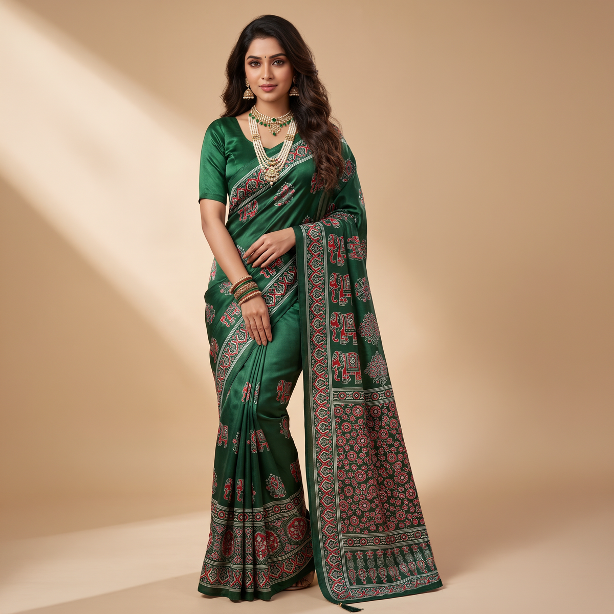 Shri Hari Sarees Women's Ethnic Ajrakh Mirror Printed Art Silk Saree with Unstitched Blouse Piece.