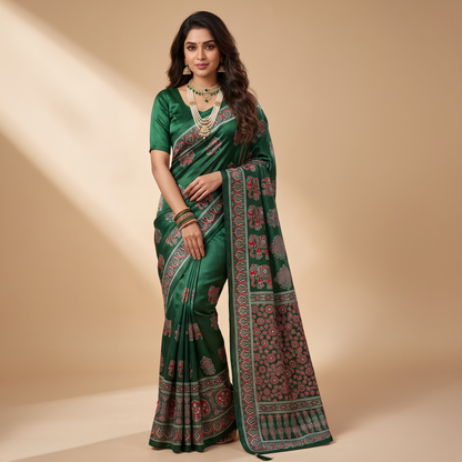 Shri Hari Sarees Women's Ethnic Ajrakh Mirror Printed Art Silk Saree with Unstitched Blouse Piece.