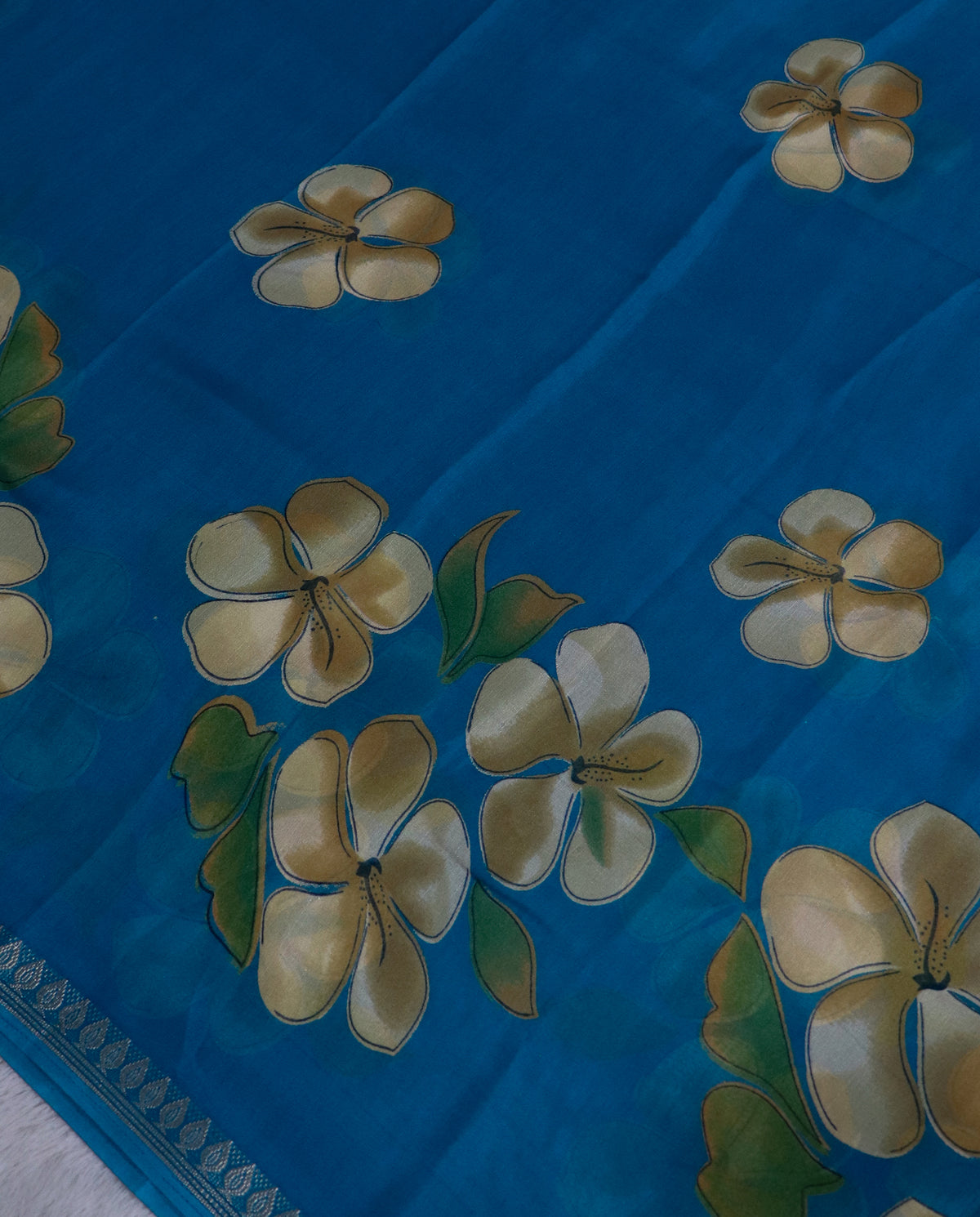 Women's Floral Hand Printed Dull Moss Saree with Unstitched Blouse Piece.