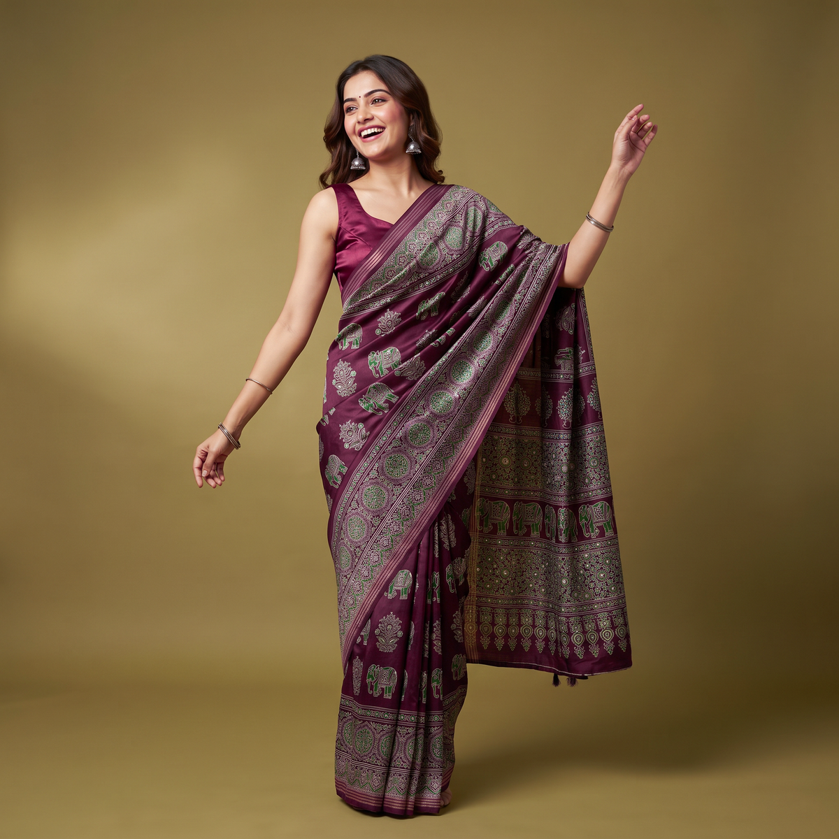 Shri Hari Sarees Women's Ethnic Ajrakh Mirror Printed Art Silk Saree with Unstitched Blouse Piece.