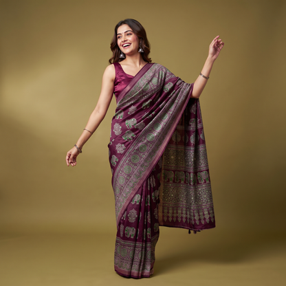 Shri Hari Sarees Women's Ethnic Ajrakh Mirror Printed Art Silk Saree with Unstitched Blouse Piece.