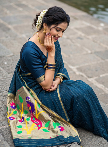 Women's Paithani Style Woven Linen Cotton Saree with Unstitched Blouse Piece.