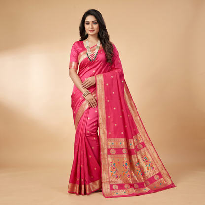 Banarasi Soft Silk Saree Festive Woven Jacquard Zari Border Sarees with Unstitched Blouse Piece.