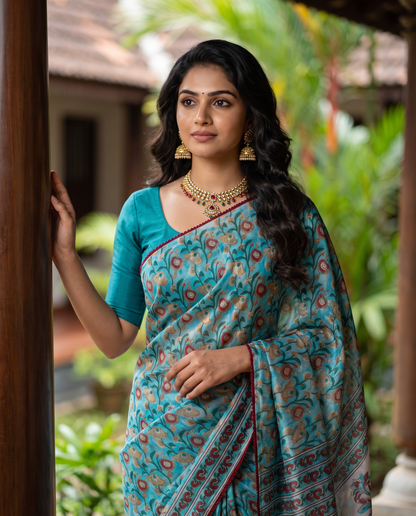 Women's Floral Print Chiffon Saree with Unstitched Blouse Piece.