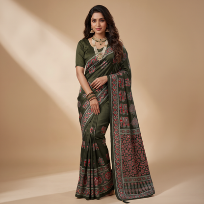 Shri Hari Sarees Women's Ethnic Ajrakh Mirror Printed Art Silk Saree with Unstitched Blouse Piece.