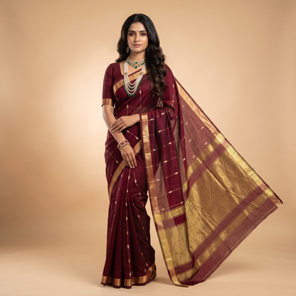 Women's Zari Maheshswari Cotton Blend Zari Woven Saree with Unstitched Blouse Piece.