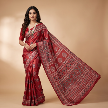Shri Hari Sarees Women's Ethnic Ajrakh Mirror Printed Art Silk Saree with Unstitched Blouse Piece.