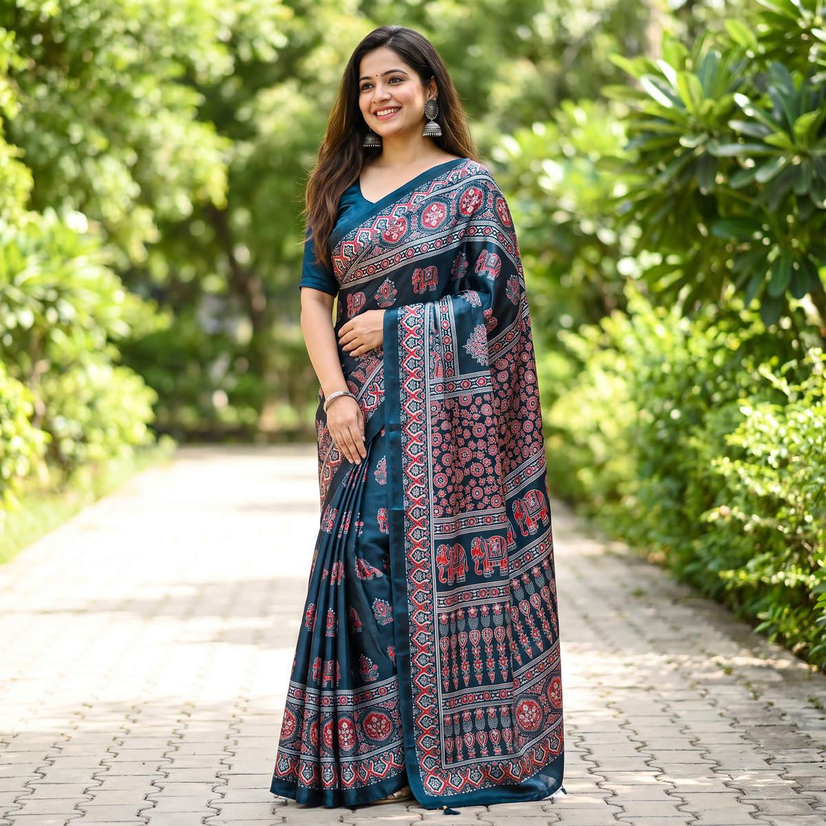 Shri Hari Sarees Women's Ethnic Ajrakh Mirror Printed Art Silk Saree with Unstitched Blouse Piece.