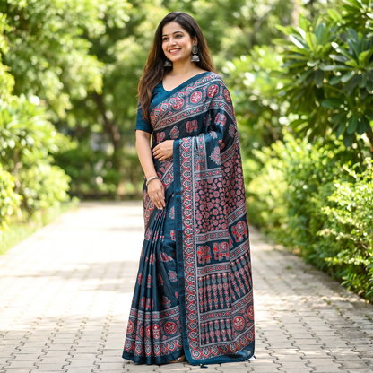 Shri Hari Sarees Women's Ethnic Ajrakh Mirror Printed Art Silk Saree with Unstitched Blouse Piece.