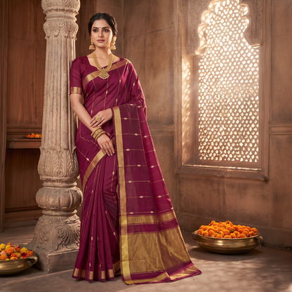 Women's Zari Maheshswari Cotton Blend Zari Woven Saree with Unstitched Blouse Piece.