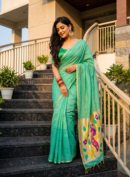 Women's Paithani Style Woven Linen Cotton Saree with Unstitched Blouse Piece.