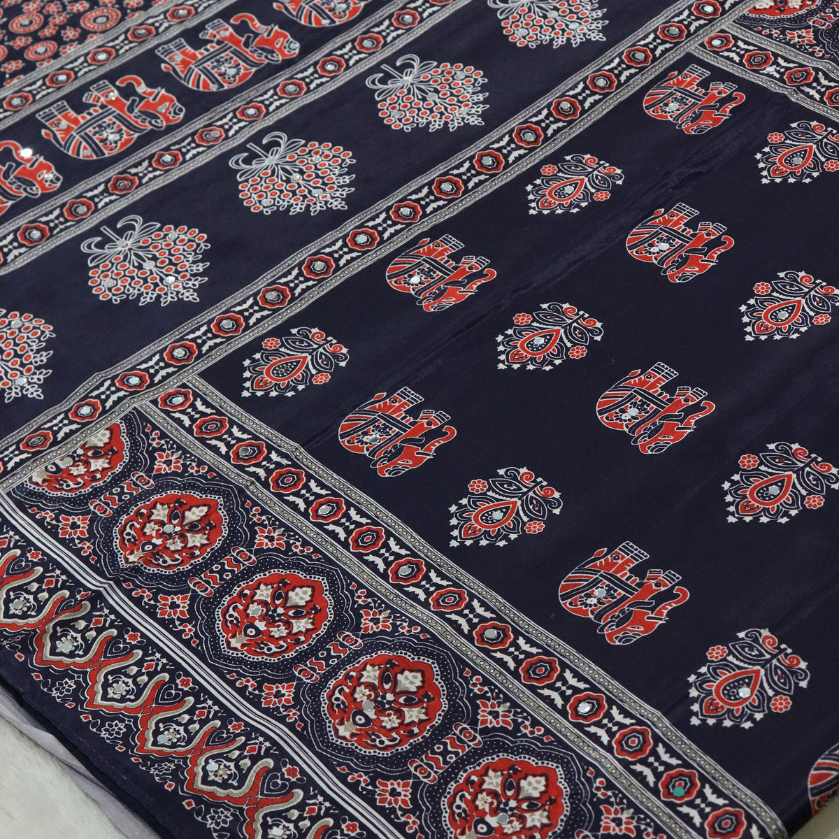 Shri Hari Sarees Women's Ethnic Ajrakh Mirror Printed Art Silk Saree with Unstitched Blouse Piece.