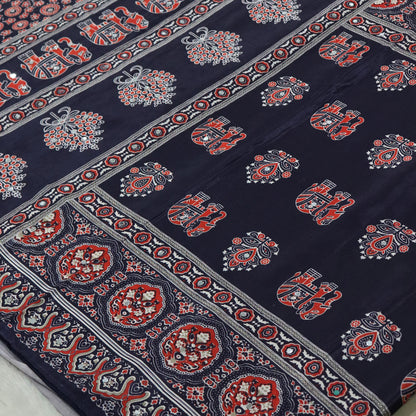 Shri Hari Sarees Women's Ethnic Ajrakh Mirror Printed Art Silk Saree with Unstitched Blouse Piece.