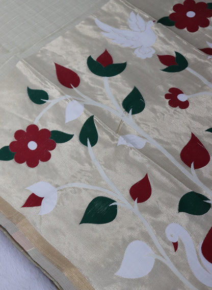Women's Traditional Floral Paithani Cotton Silk Saree with Unstitched Blouse Piece.