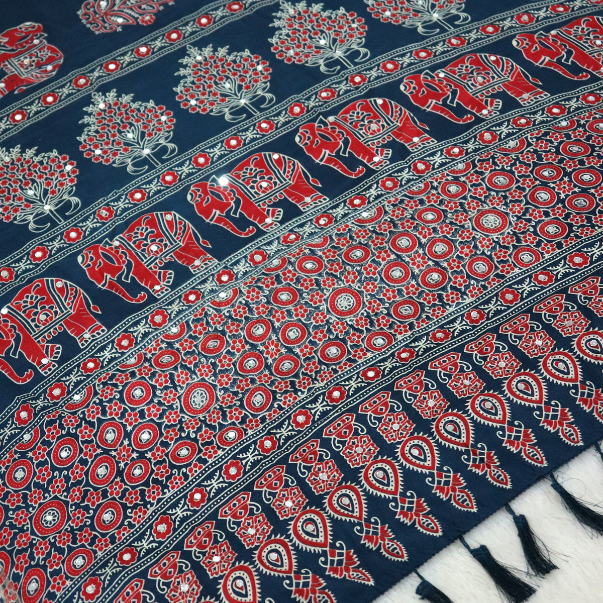 Shri Hari Sarees Women's Ethnic Ajrakh Mirror Printed Art Silk Saree with Unstitched Blouse Piece.