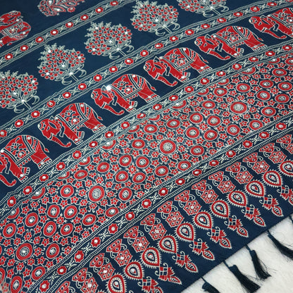 Shri Hari Sarees Women's Ethnic Ajrakh Mirror Printed Art Silk Saree with Unstitched Blouse Piece.