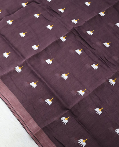 Women's Pure Linen Cotton Floral Embroidered Saree with Unstitched Blouse Piece.