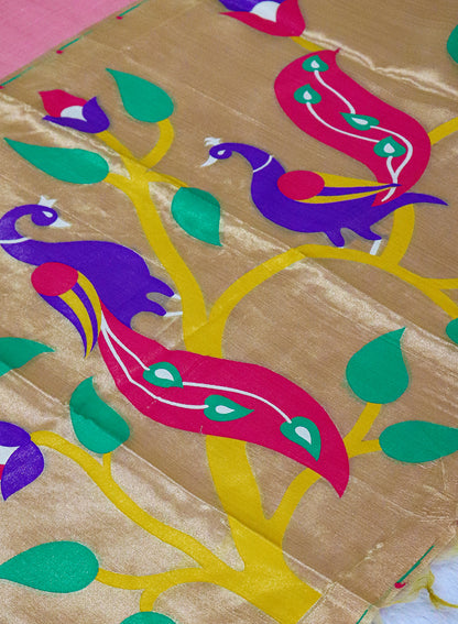 Women's Paithani Style Woven Linen Cotton Saree with Unstitched Blouse Piece.