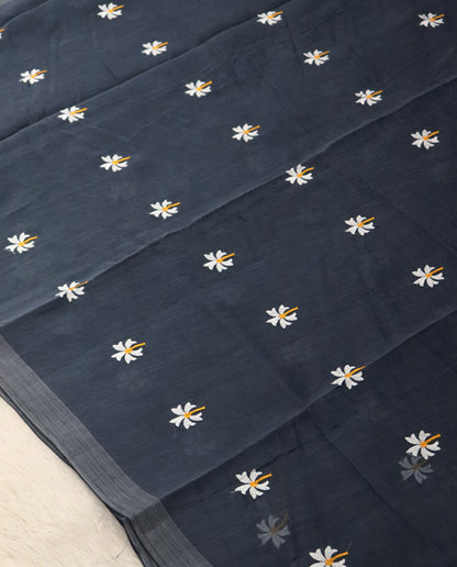 Women's Pure Linen Cotton Floral Embroidered Saree with Unstitched Blouse Piece.