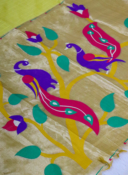 Women's Paithani Style Woven Linen Cotton Saree with Unstitched Blouse Piece.