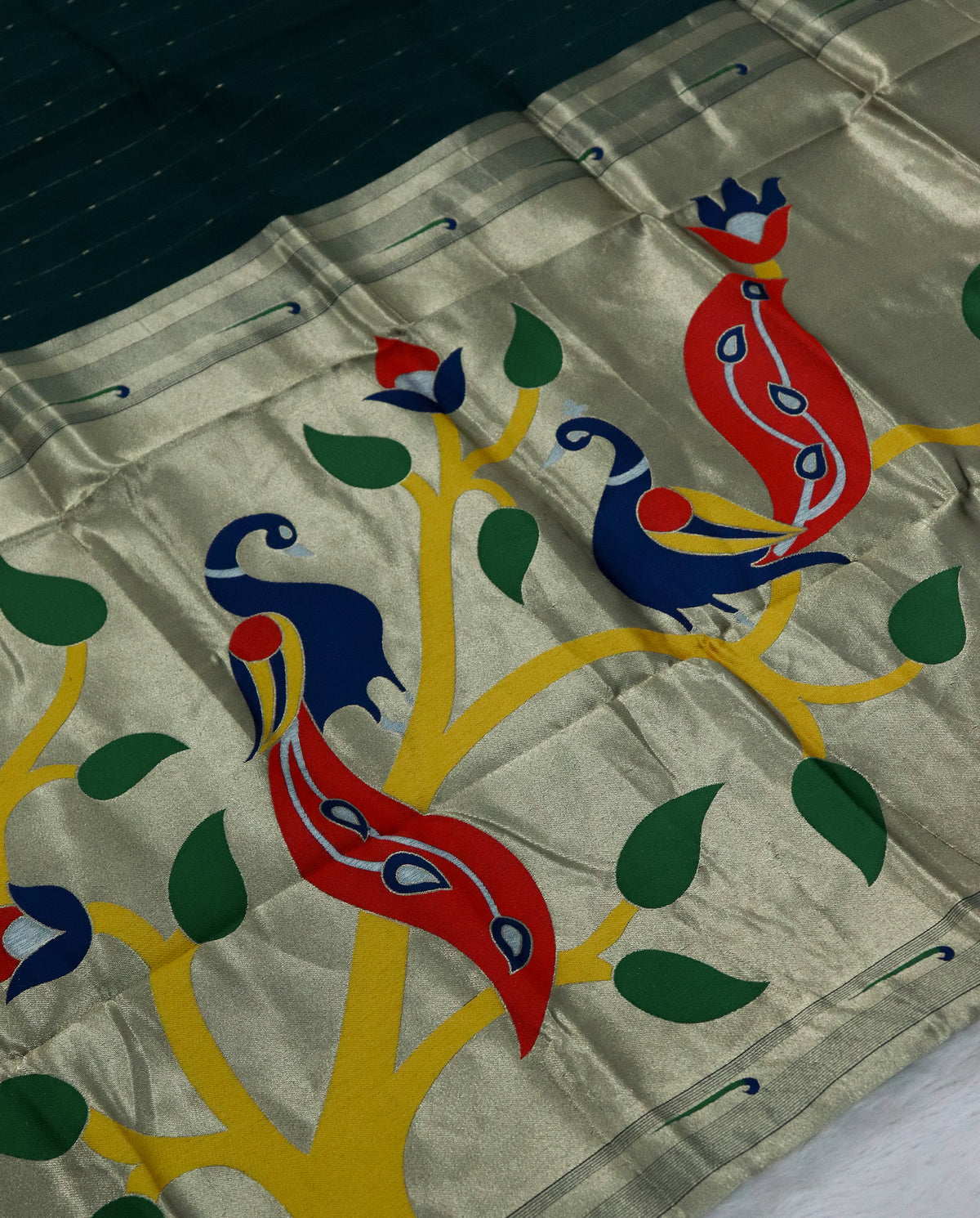 Women's Paithani Silk Blend Saree with Zari Woven Striped Lines and Peacock Floral Pallu including Unstitched Blouse Piece.