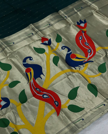 Women's Paithani Silk Blend Saree with Zari Woven Striped Lines and Peacock Floral Pallu including Unstitched Blouse Piece.