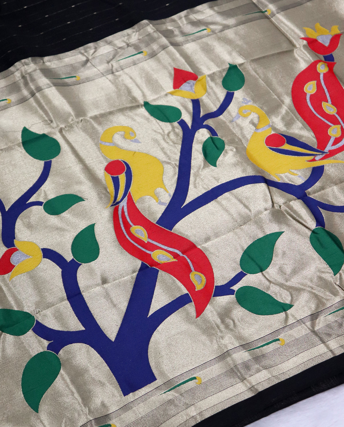 Women's Paithani Silk Blend Saree with Zari Woven Striped Lines and Peacock Floral Pallu including Unstitched Blouse Piece.