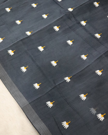 Women's Pure Linen Cotton Floral Embroidered Saree with Unstitched Blouse Piece.