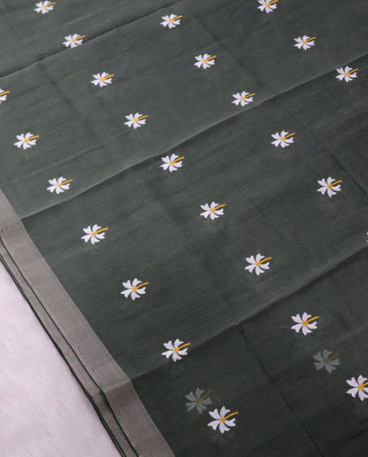 Women's Pure Linen Cotton Floral Embroidered Saree with Unstitched Blouse Piece.